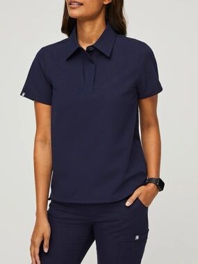 Figs Nala Short Sleeve Polo Scrub Top Navy Blue